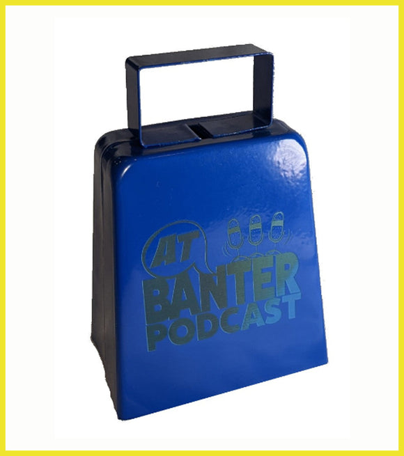 Image of a small cowbell branded with the AT Banter logo.