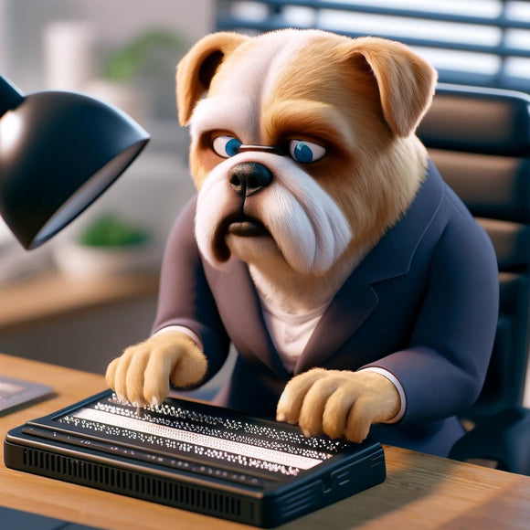 A picture of a bulldog using a braille display.