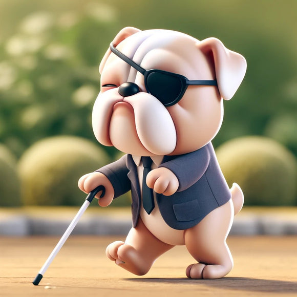A picture of a cartoon bulldog walking with a white cane.