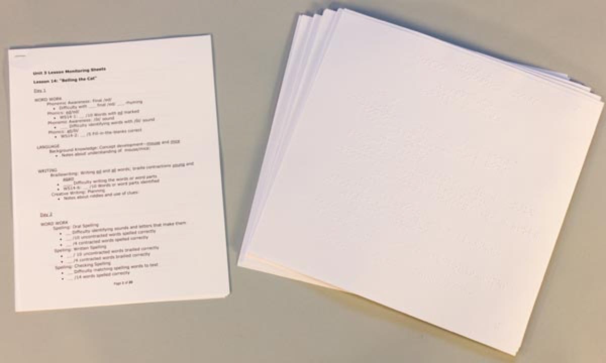 Building on Patterns: Primary Braille Literacy Program: First Grade: Unit 3 Lesson Monitoring Sheets