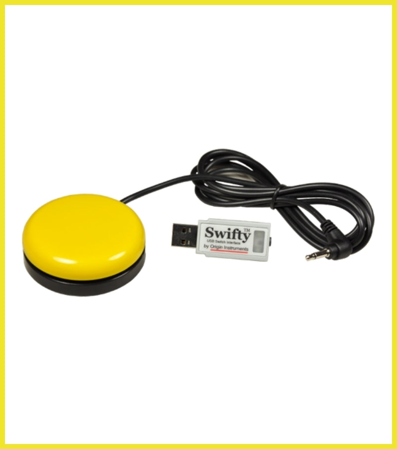Yellow button with a cable and 'Swifty' label on a white background