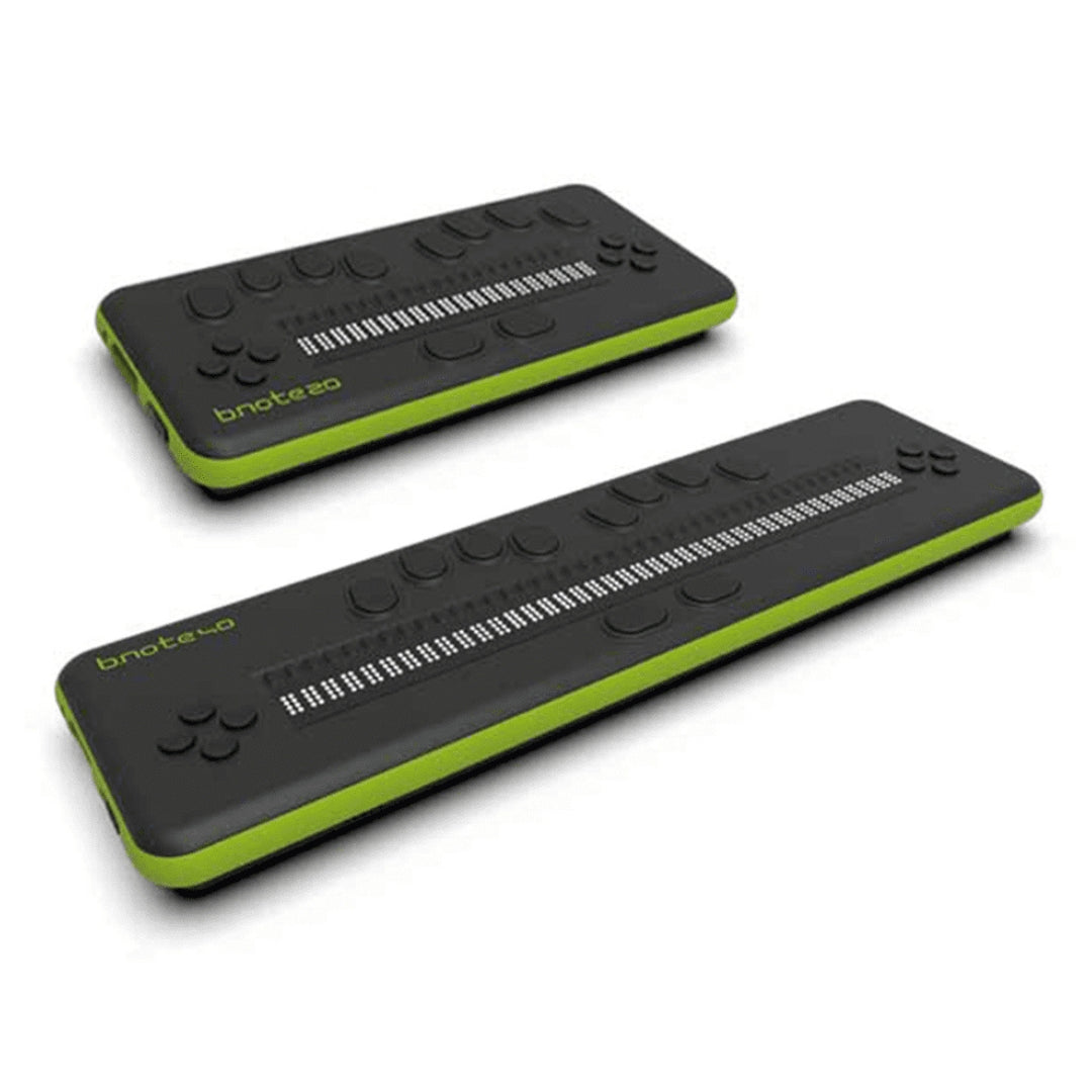 Two braille displays of various sizes sit together against a white background
