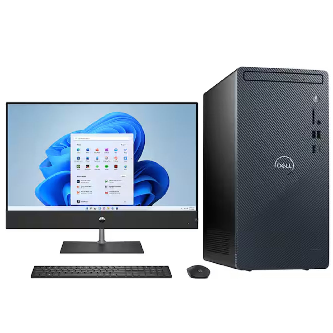A desktop computer tower and monitor sits against a white background.