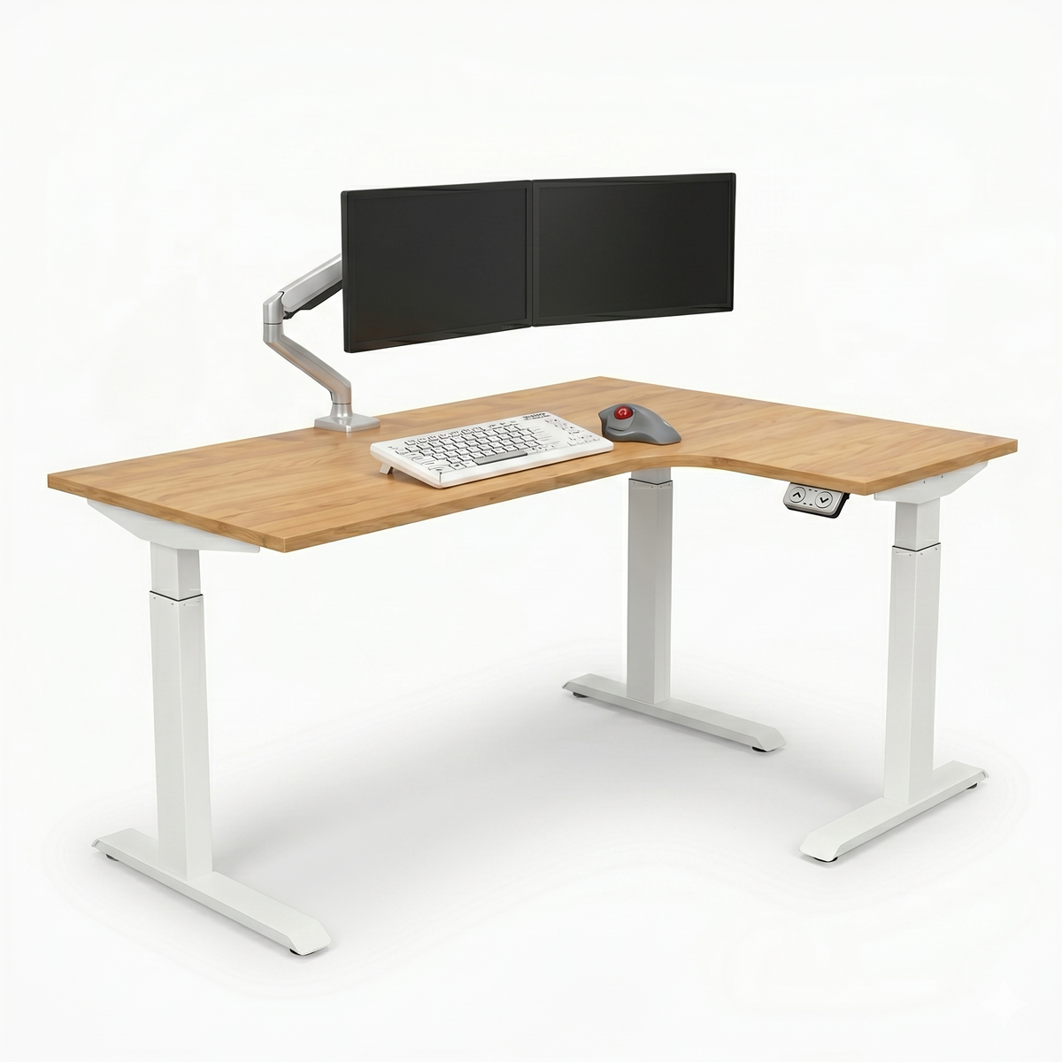 An L shaped table with an arm that supports dual monitors sits against a white background.