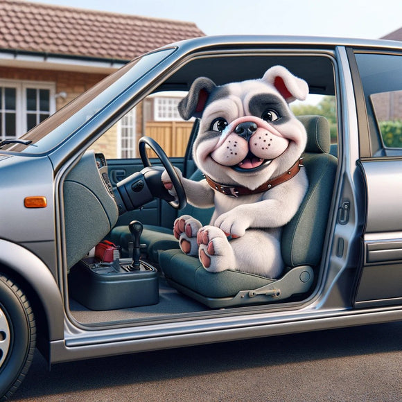 A picture of a bulldog in a car missing a door.