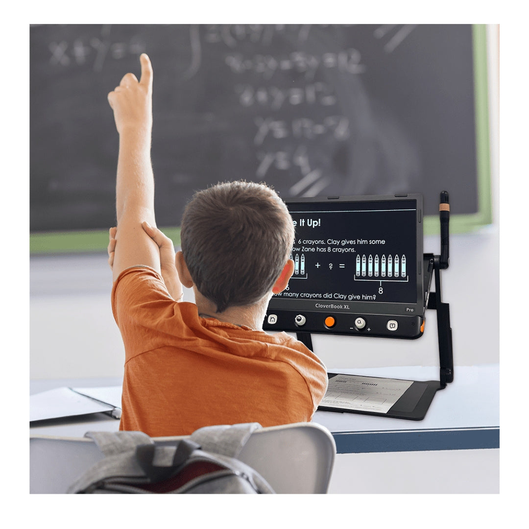 A student in a classroom using a portable electronic magnifer