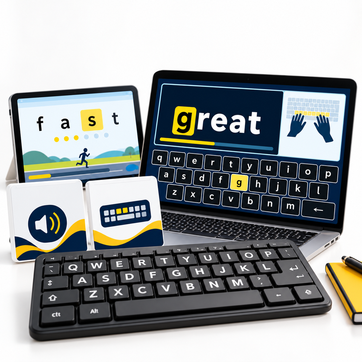 Accessible typing tools arranged on a white table, including a laptop with a high-contrast typing lesson, tablet, large-print keyboard, and visual typing-learning displays.