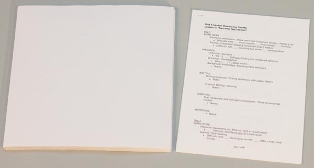 Building on Patterns: Primary Braille Literacy Program: First Grade: Unit 2 Lesson Monitoring Sheets