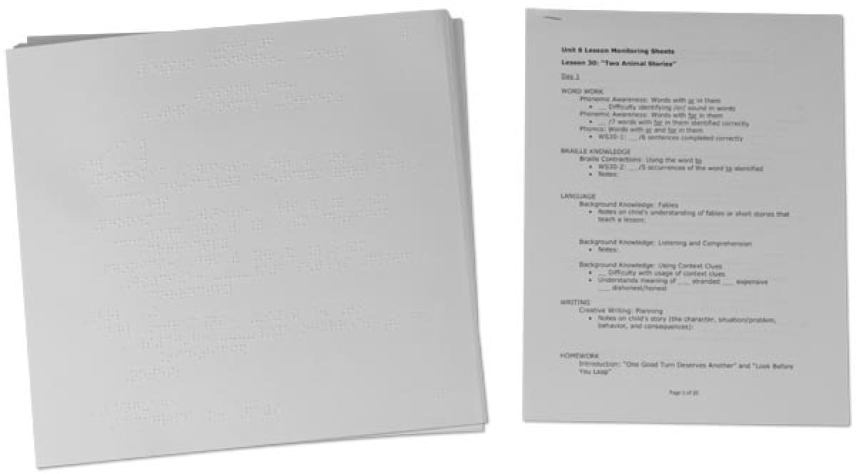 Building on Patterns: Primary Braille Literacy Program: First Grade: Unit 6 Lesson Monitoring Sheets