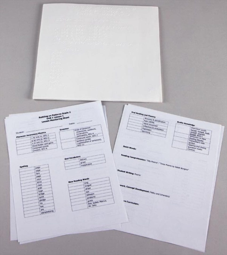 Building on Patterns: Primary Braille Literacy Program: Second Grade: Unit 1 Lesson Monitoring Sheets