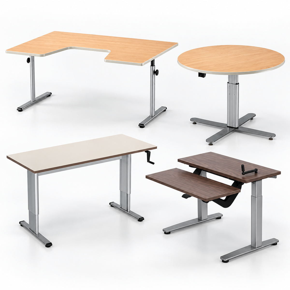 Accessible furniture including adjustable desks, therapy tables, round tables, and workstation tables.