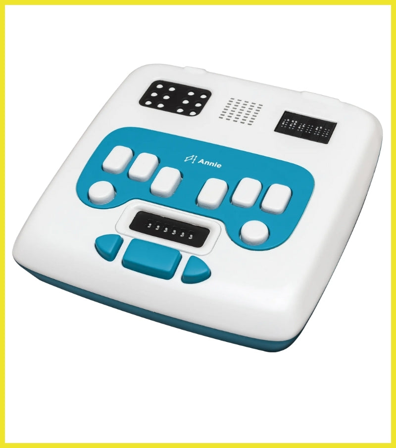 White and blue electronic device with buttons and display on a white background