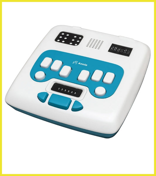 White and blue electronic device with buttons and display on a white background