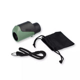 Green and black monocular with a carrying case on a white background