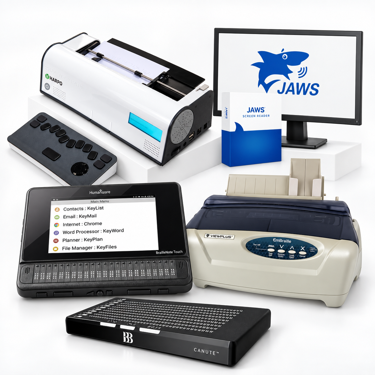 Blindness solutions including braille displays, braille embossers, screen reader software, and braille notetakers.