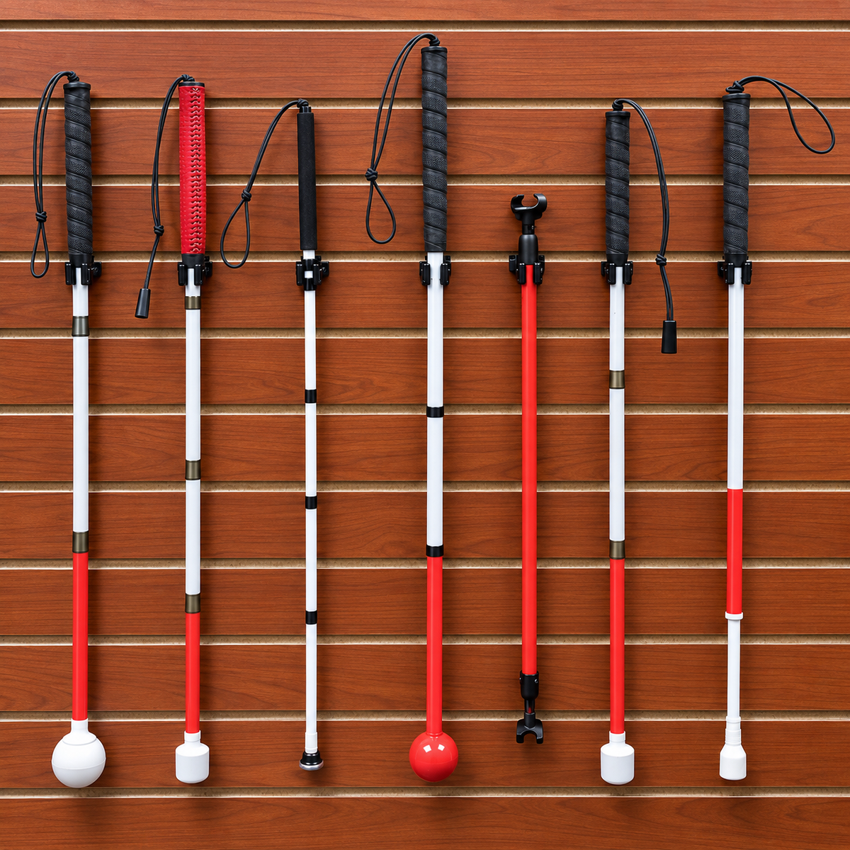 A collection of mobility canes of various lengths and with different tips hang on a display wall.