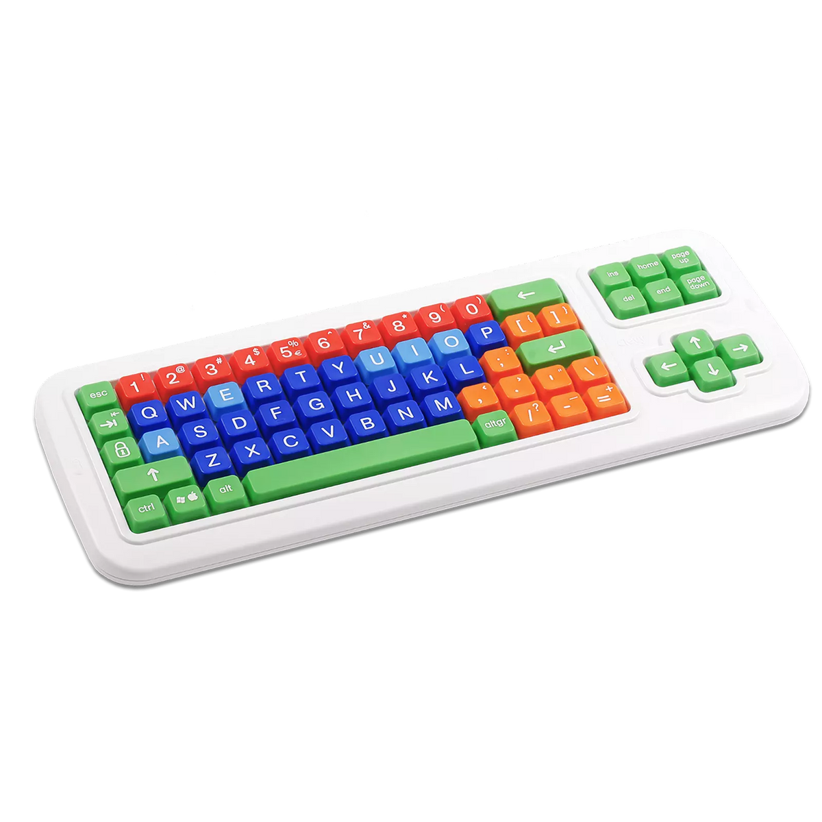 A multicolored QWERTY keyboard with uppercase letters, designed for kids and laid out on a white surface.