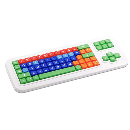 A multicolored QWERTY keyboard with uppercase letters, designed for kids and laid out on a white surface.