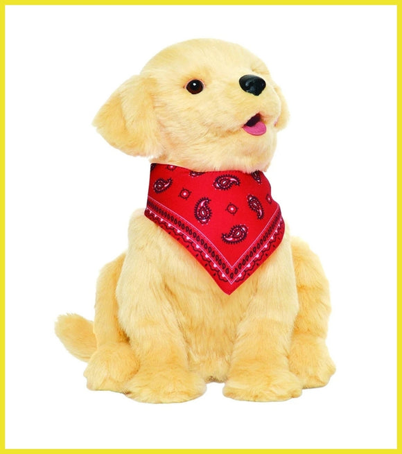 Plush dog toy with a red bandana on a white background