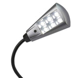 Silver LED work light with flexible black cord on a white background