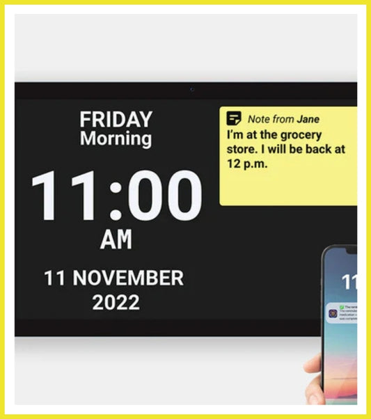 Digital display showing time and date with a smartphone displaying a notification.