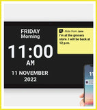 Digital display showing time and date with a smartphone displaying a notification.