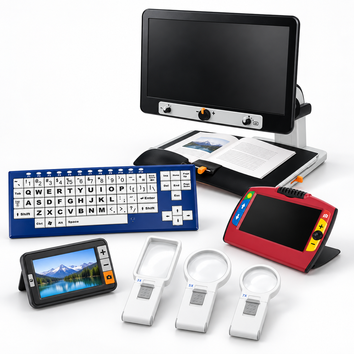 Low vision assistive technology including video magnifiers, large print keyboard, and handheld magnifiers.