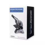 Box packaging of a Carson biological microscope with magnification details on a white background