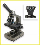 Microscope with a close-up inset of a mount on a white background