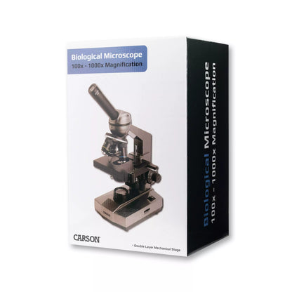 Box packaging of a Carson biological microscope with magnification details on a white background