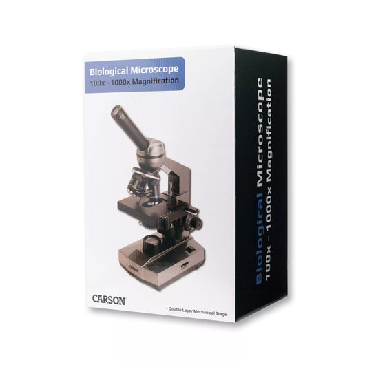 Box packaging of a Carson biological microscope with magnification details on a white background