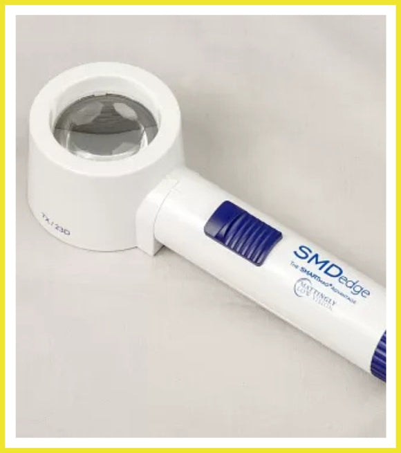 Handheld magnifying glass with blue accents on a light gray background