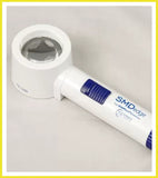 Handheld magnifying glass with blue accents on a light gray background