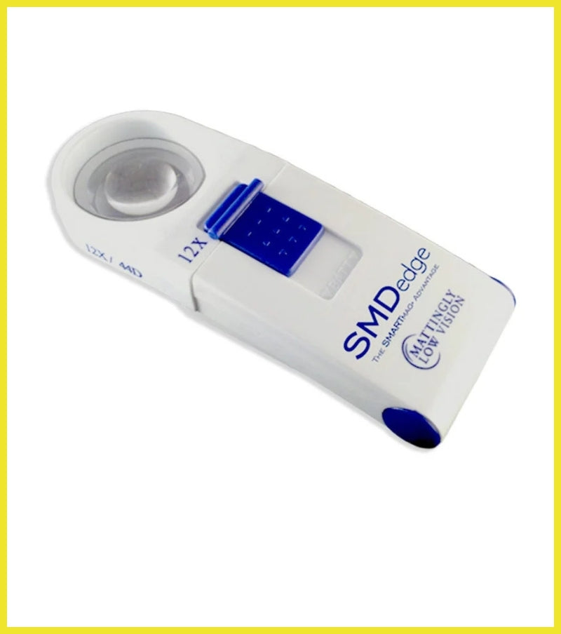 Handheld magnifier with blue accents on a white background