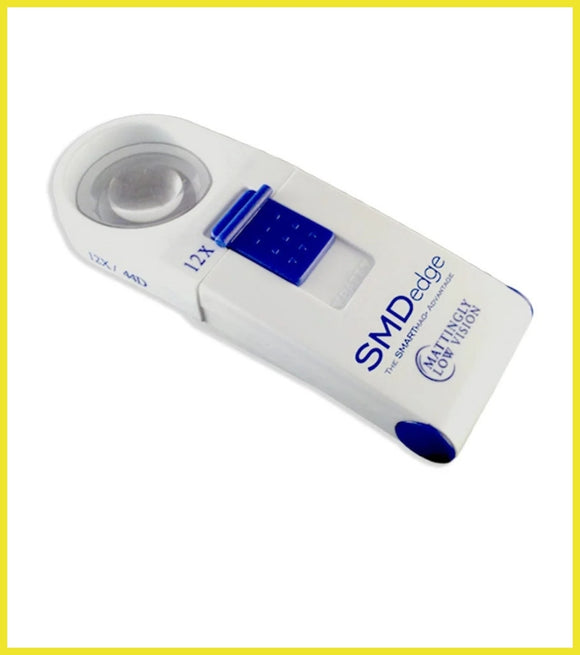 Handheld magnifier with blue accents on a white background