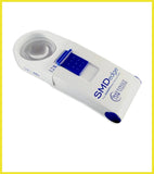 Handheld magnifier with blue accents on a white background