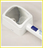 White magnifying glass with blue handle on a light gray background