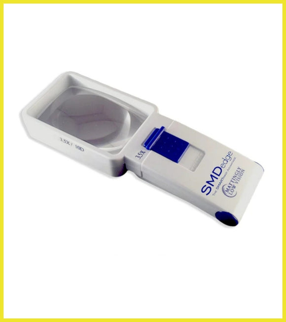Handheld magnifier with blue lens on a white background