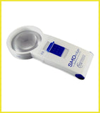 Handheld optical magnifier with digital display on a white background