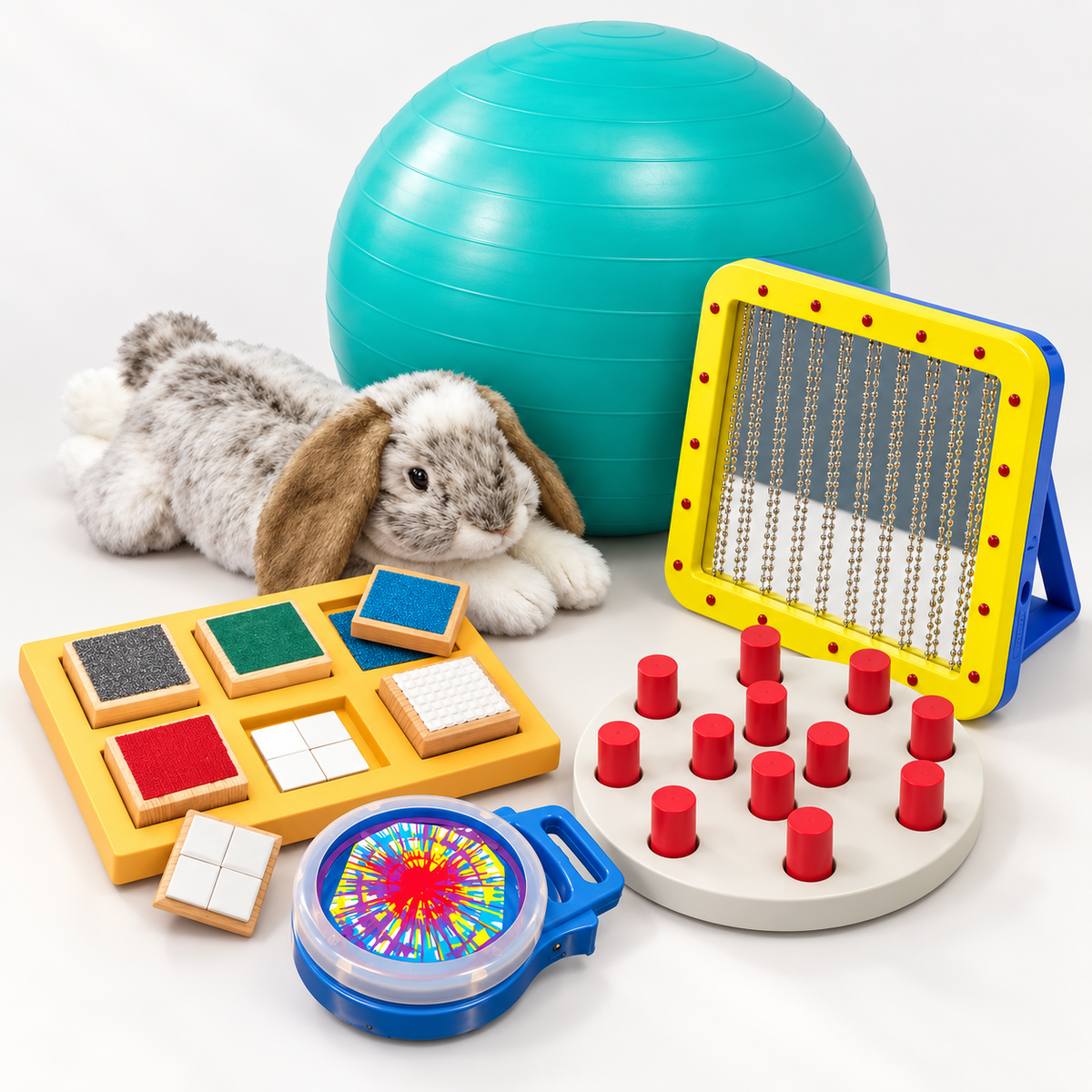 Sensory support products including tactile toys, sensory lights, textured activities, plush items, and therapy ball.