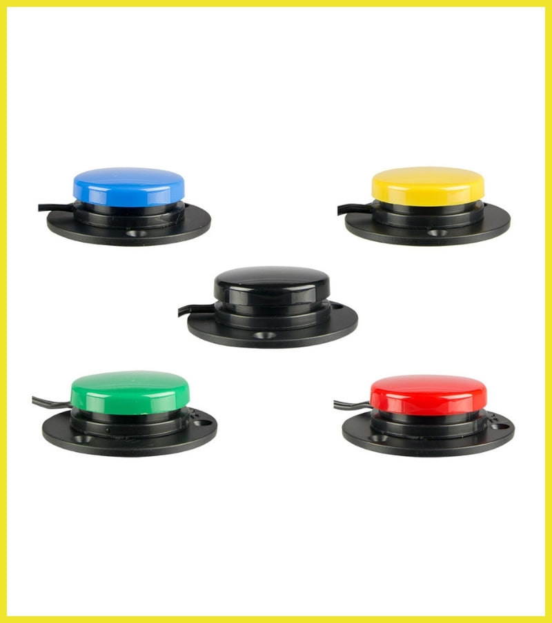 Set of five buttons in blue, yellow, black, green, and red on a white background