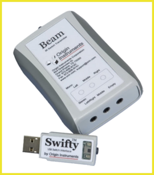 Electronic device labeled 'Beam' by Origin Instruments with a smaller 'Swifty' USB switch interface on a white background.