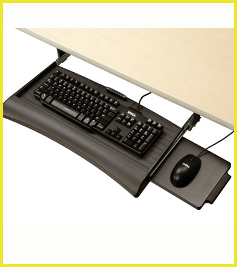 Retractable keyboard tray with mouse tray: Ball bearing slides and adjustable keyboard clamp retract and extend the keyboard tray, Mouse tray included (mounts right/left side), sloped edge wrist rest, dimensions 22"w x 10"d x 3"h, extended tray depth 26"