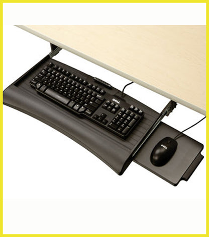 Retractable keyboard tray with mouse tray: Ball bearing slides and adjustable keyboard clamp retract and extend the keyboard tray, Mouse tray included (mounts right/left side), sloped edge wrist rest, dimensions 22"w x 10"d x 3"h, extended tray depth 26"