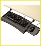 Retractable keyboard tray with mouse tray: Ball bearing slides and adjustable keyboard clamp retract and extend the keyboard tray, Mouse tray included (mounts right/left side), sloped edge wrist rest, dimensions 22"w x 10"d x 3"h, extended tray depth 26"