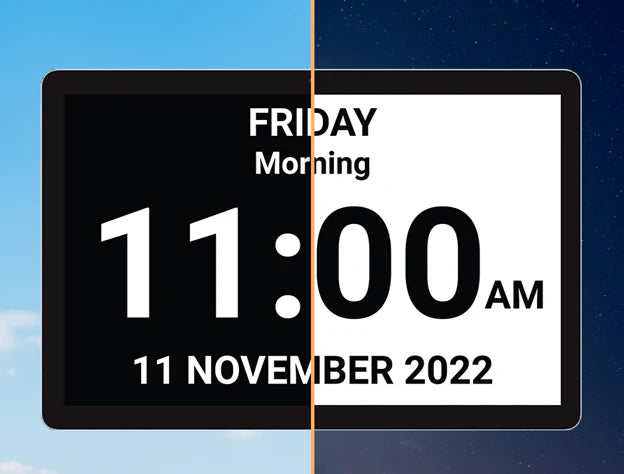 Digital clock display showing time and date on a split background of blue and dark sky.