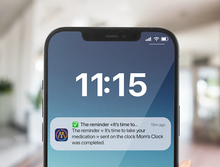 Smartphone displaying a medication reminder notification with a blurred indoor background