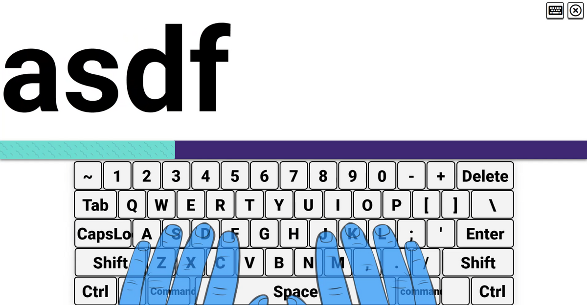 Typio Pro accessible typing tutor screen showing on-screen keyboard and hands