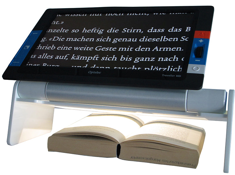 Image of the Traveller HD Reading Stand in use.